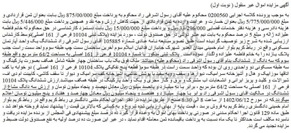 مزایده فروش ششدانگ یک واحد آپارتمان مسکونی