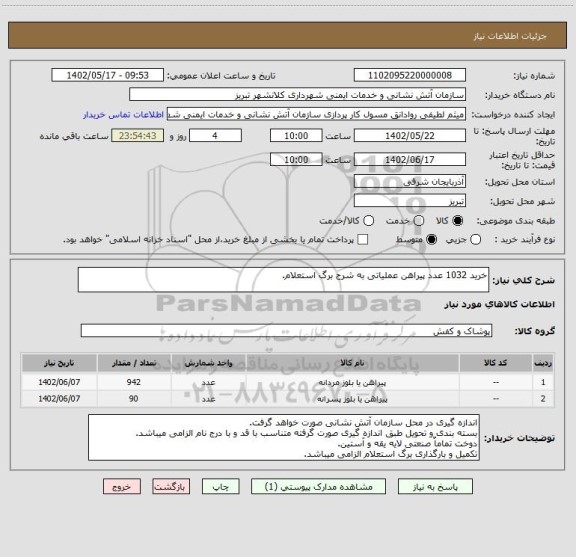 استعلام خرید 1032 عدد پیراهن عملیاتی به شرح برگ استعلام.