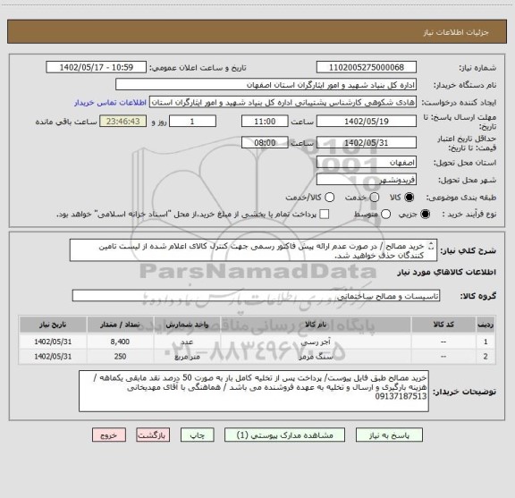 استعلام خرید مصالح / در صورت عدم ارائه پیش فاکتور رسمی جهت کنترل کالای اعلام شده از لیست تامین کنندگان حذف خواهید شد.
کادر توضیحات حتما چک شود