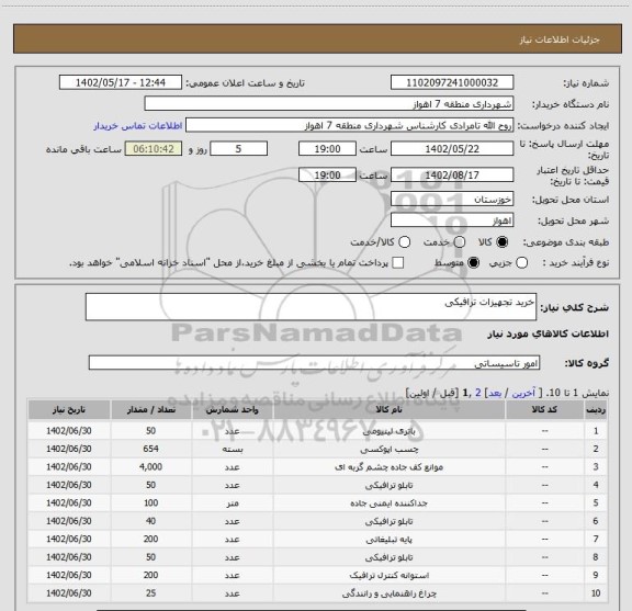 استعلام خرید تجهیزات ترافیکی