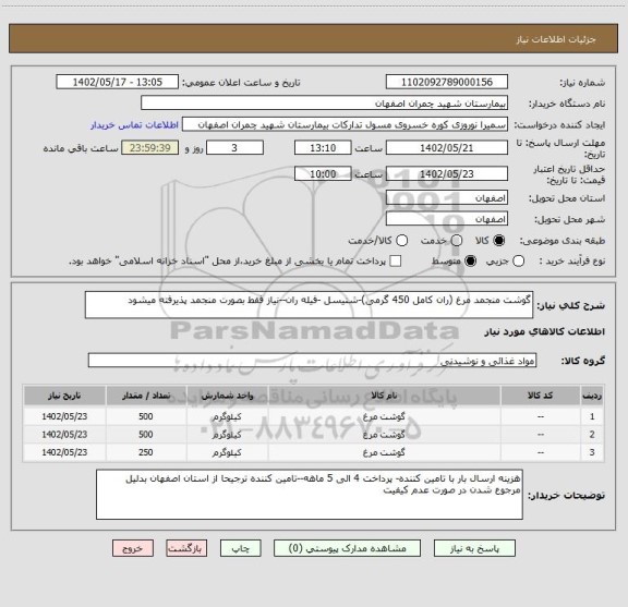 استعلام گوشت منجمد مرغ (ران کامل 450 گرمی)-شنیسل -فیله ران--نیاز فقط بصورت منجمد پذیرفته میشود