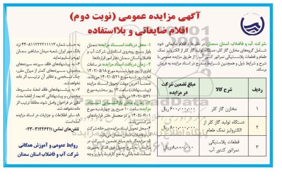 مزایده فروش اقلام ضایعاتی و بلااستفاده - نوبت دوم