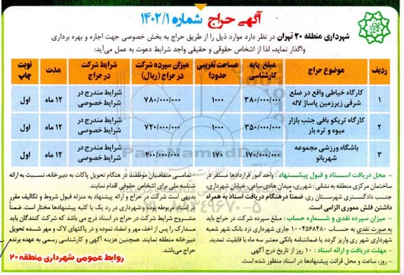 حراج اجاره و بهره برداری کارگاه خیاطی...