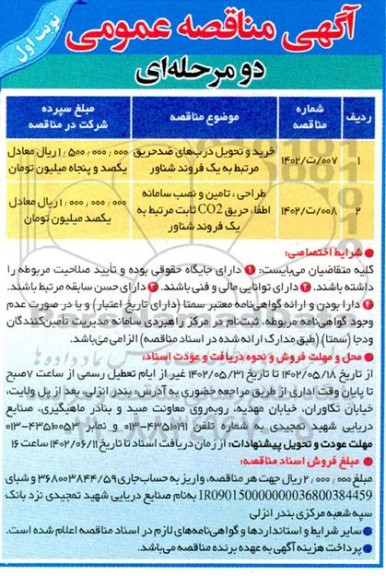 مناقصه خرید و تحویل درب های ضدحریق مرتبط به یک فروند شناور....
