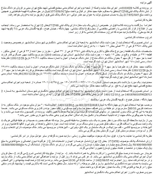 مزایده فروش  یک باب مغازه دارای پلاک ثبتی 37/2548