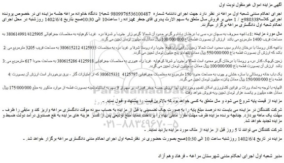 مزایده فروش باغچه معروف به سچان دره سی با درختان بادام و گردو  