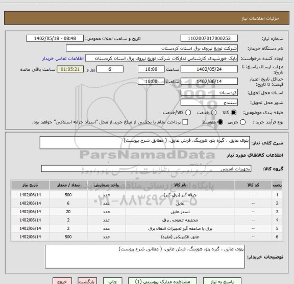استعلام پتوی عایق ، گیره پتو، هوزینگ، فرش عایق، ( مطابق شرح پیوست)