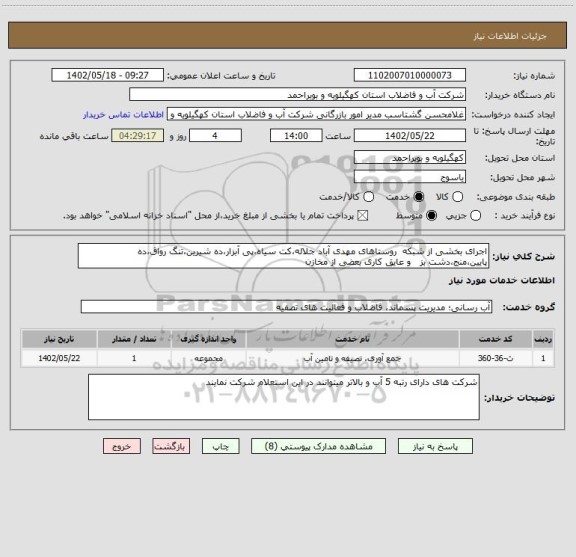 استعلام اجرای بخشی از شبکه روستاهای مهدی آباد جلاله،کت سیاه،پی آبزار،ده شیرین،تنگ رواق،ده پایین،منج،دشت بز و عایق کاری بعضی از مخازن