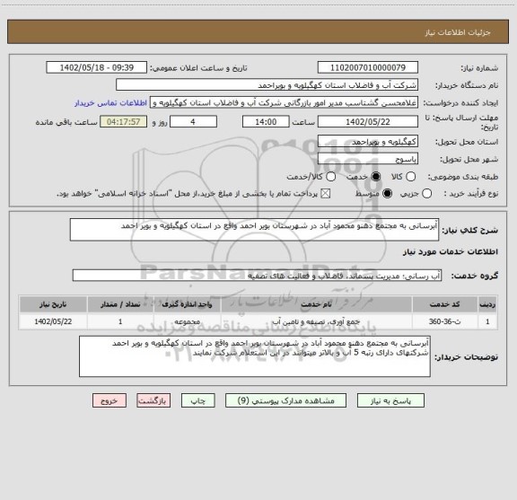 استعلام آبرسانی به مجتمع دهنو محمود آباد در شهرستان بویر احمد واقع در استان کهگیلویه و بویر احمد