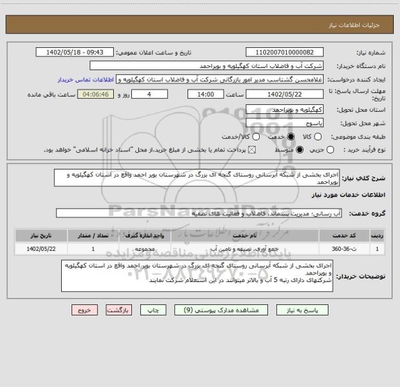 استعلام اجرای بخشی از شبکه آبرسانی روستای گنجه ای بزرگ در شهرستان بویر احمد واقع در استان کهگیلویه و بویراحمد
