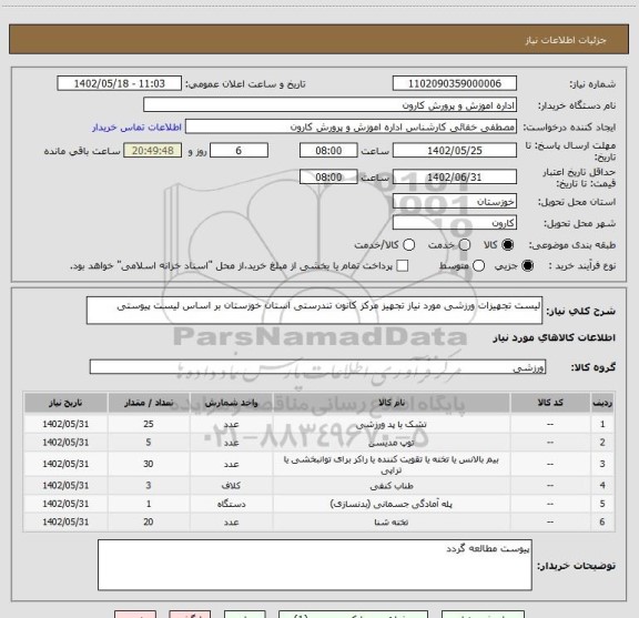 استعلام لیست تجهیزات ورزشی مورد نیاز تجهیز مرکز کانون تندرستی استان خوزستان بر اساس لیست پیوستی