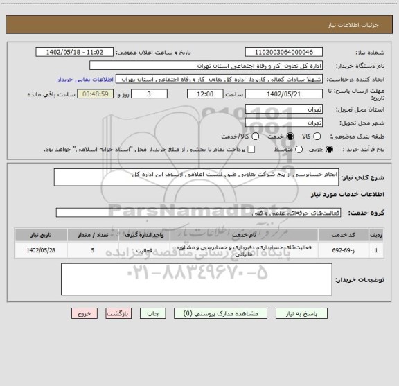 استعلام انجام حسابرسی از پنج شرکت تعاونی طبق لیست اعلامی ازسوی این اداره کل
