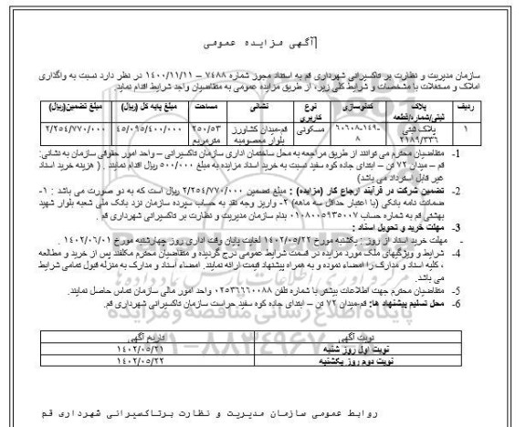مزایده واگذاری املاک و مستغلات کاربری مسکونی 
