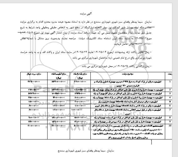 مزایده تعدادی دکه/ بوفه و وسایل بازی کودکان / ون سیار / گلخانه/ پارکینگ در سطح شهر -