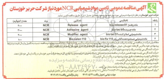 مناقصه عمومی تامین مواد شیمیایی NCR