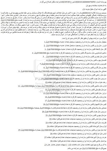 مزایده فروش یخچال مدل پارس کشورسازنده ایران وضعیت مستعمل تعداد1 عدد و...