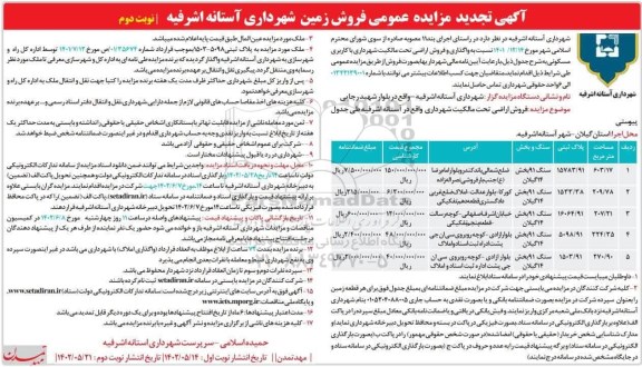 مزایده واگذاری و فروش اراضی تحت مالکیت شهرداری با کاربری مسکونی - نوبت دوم