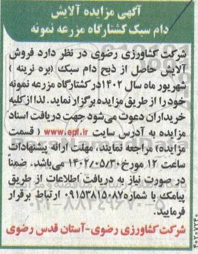 مزایده آلایش دام سبک کشتارگاه مزرعه نمونه