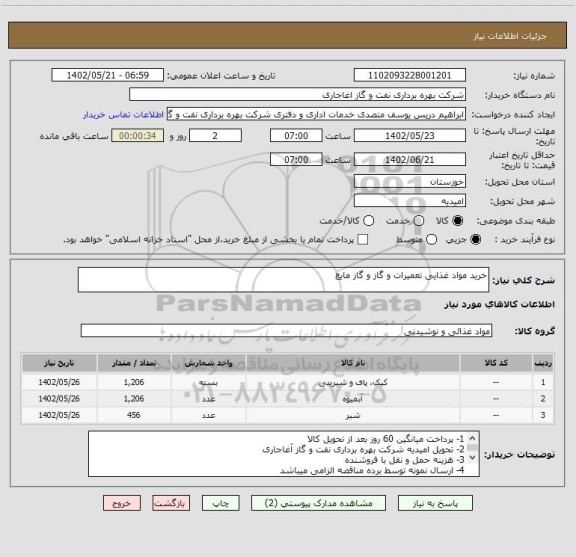 استعلام خرید مواد غذایی تعمیرات و گاز و گاز مایع