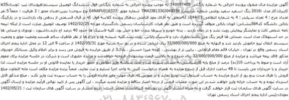 آگهی مزایده ششدانگ اتومبیل سیستم:هیوندای تیپ :توسانix35 کاربری:کار مدل :2016 رنگ :سفید سفید روغنی