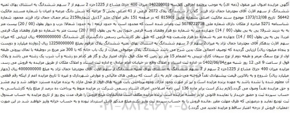 آگهی مزایده میزان 400 جزئ مشاع از 1225جزء 2 سهم از 7 سهم ششدانگ به استثنای بهای ثمنیه ششدانگ از ششدانگ پلاک 2072 فرعی از 41 اصلی