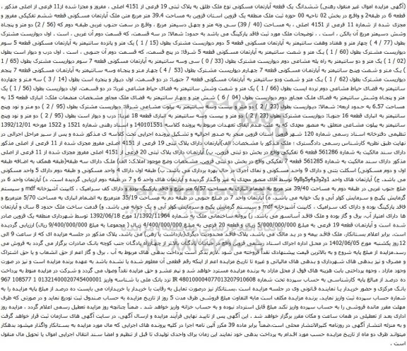 آگهی مزایده ششدانگ یک قطعه آپارتمان مسکونی نوع ملک طلق به پلاک ثبتی 19 فرعی از 4151 اصلی ، مفروز و مجزا شده از11 فرعی از اصلی