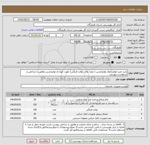 استعلام بابت خرید لوازم کمک توانبخشی ( عصا، واکر، توالت فرنگی) جهت حوزه ی توانبخشی مطابق با شاخص و درخواست پیوست