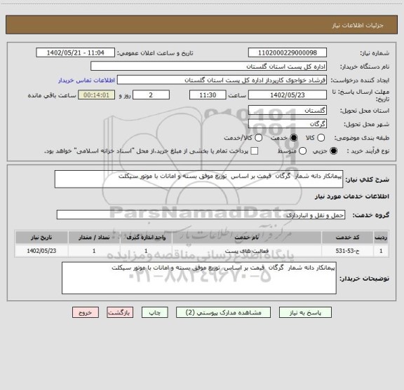 استعلام پیمانکار دانه شمار  گرگان  قیمت بر اساس  توزیع موفق بسته و امانات با موتور سیکلت