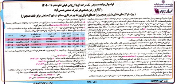 فراخوان مزایده عمومی واگذاری 4 قطعه زمین صنعتی در شهرک صنعتی شمس آباد