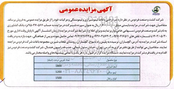 مزایده فروش سردرختی باغات لیمو شیرازی و لیمو سنگی و مرکبات 
