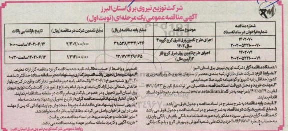 مناقصه اجرای طرح تامین برق شرق کرج...