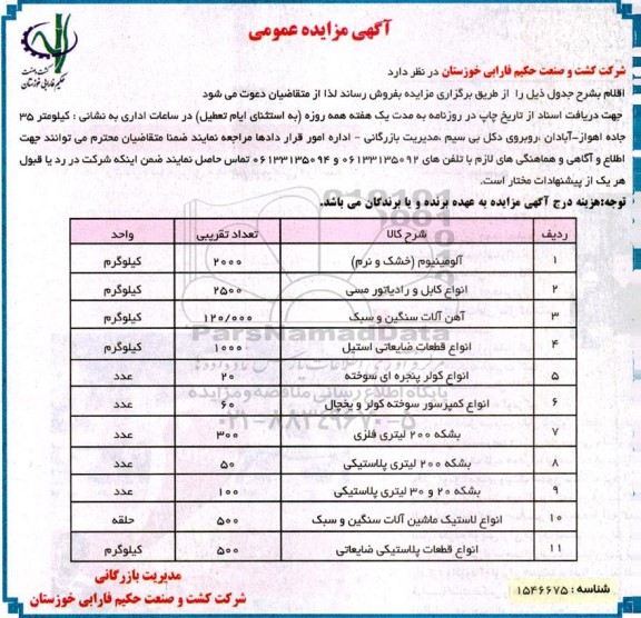 مزایده فروش آلومینیوم (خشک و نرم) و ...