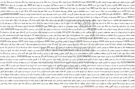 آگهی مزایده میزان 0/115دانگ مشاع ازیک دانگ مشاع از سه دانگ به استثنا بها ثمنیه سه دانگ مشاع از ششدانگ یک باب عمارت بشماره 3851