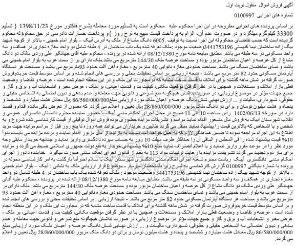 مزایده فروش 6005 دانگ مشاع از ملک