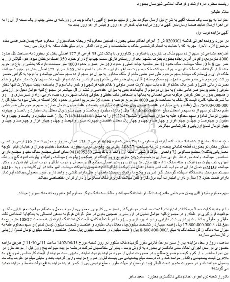 مزایده فروش الف)هم مشاعی دو سهم از ده سهم ملک با کاربری باغداری و کشاورزی با پلاک ثبتی 55 فرعی از 177 اصلی  