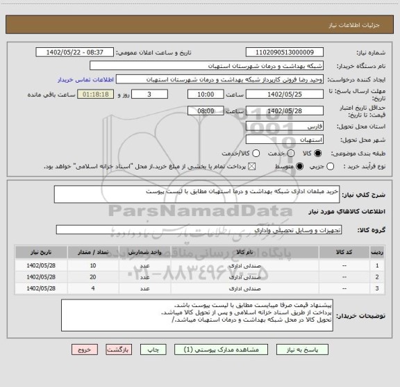 استعلام خرید مبلمان اداری شبکه بهداشت و درما استهبان مطابق با لیست پیوست