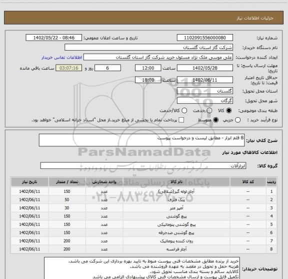 استعلام 8 قلم ابزار - مطابق لیست و درخواست پیوست