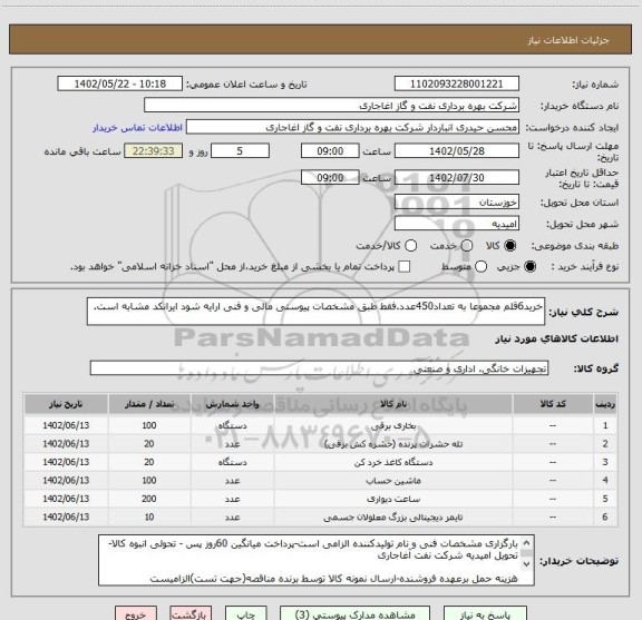 استعلام خرید6قلم مجموعا به تعداد450عدد.فقط طبق مشخصات پیوستی مالی و فنی ارایه شود ایرانکد مشابه است.