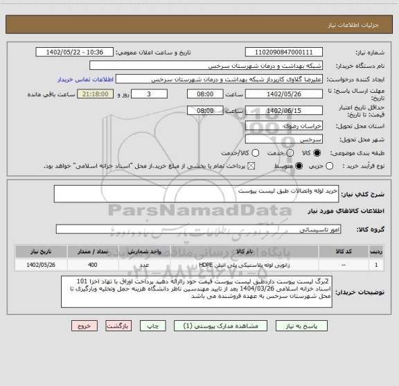 استعلام خرید لوله واتصالات طبق لیست پیوست