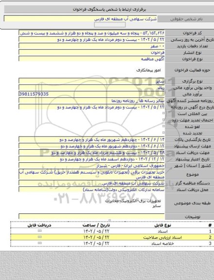 مناقصه, خرید تجهیزات برقی (تجهیزات تابلویی و سیستم هشدار حریق) شرکت سهامی آب منطقه ای فارس