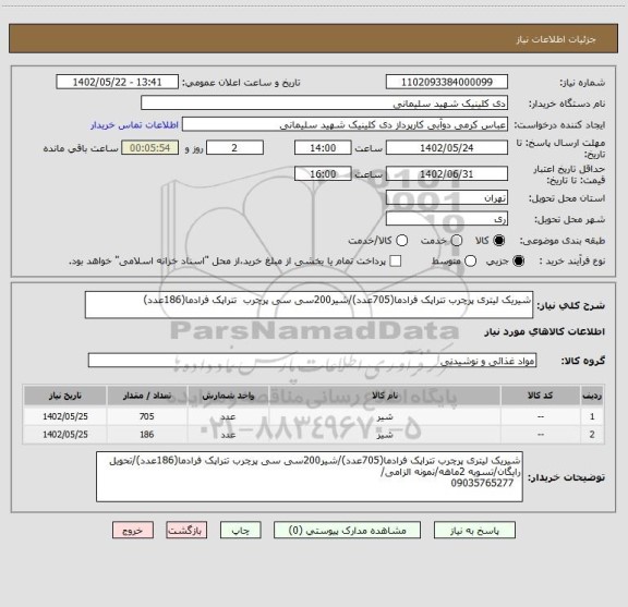 استعلام شیریک لیتری پرچرب تتراپک فرادما(705عدد)/شیر200سی سی پرچرب تتراپک فرادما(186عدد)