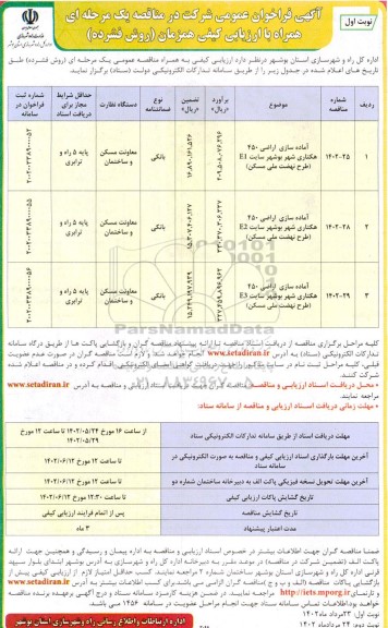 فراخوان مناقصه آماده سازی اراضی 450 هکتاری شهر بوشهر سایت E1... 