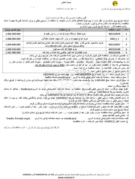 مناقصه خرید 550 دستگاه مودم قرائت از راه دور فهام ....