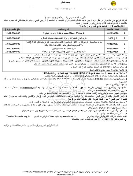 مناقصه خرید 550 دستگاه مودم قرائت از راه دور فهام ....