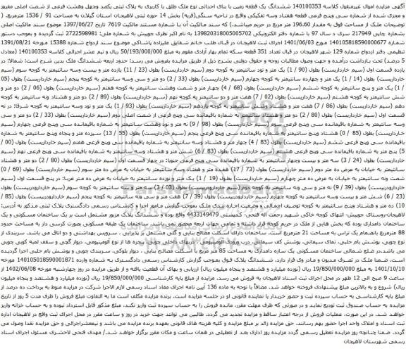 آگهی مزایده ششدانگ یک قطعه زمین با بنای احداثی نوع ملک طلق با کاربری به پلاک ثبتی یکصد وچهل وهشت فرعی از شصت اصلی مفروز