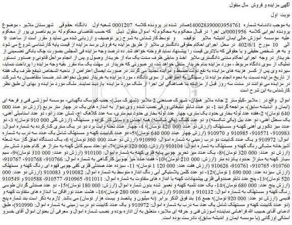 مزایده فروش 1- دو عدد تابلو تبلیغاتی ورقی نصب شده روی دیوار به اندازه های یک در چهار متر مربع و...