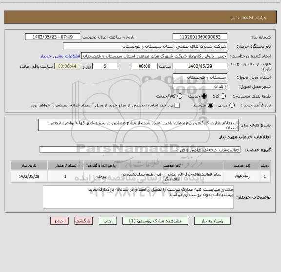 استعلام استعلام نظارت کارگاهی پروژه های تامین اعتبار شده از منابع عمرانی در سطح شهرکها و نواحی صنعتی استان