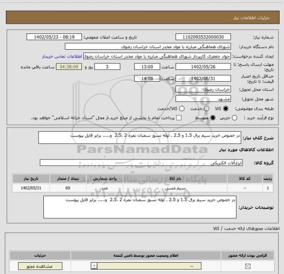استعلام در خصوص خرید سیم برق 1.5 و 2.5 ، لوله نسوز سمنان نمره 2 ،2.5  و..... برابر فایل پیوست