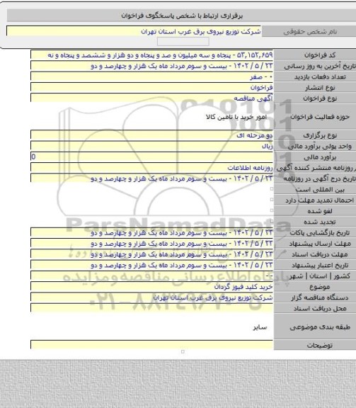 مناقصه, خرید کلید فیوز گردان