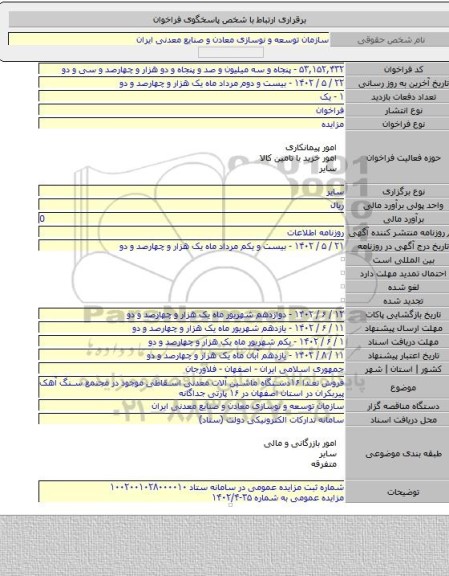 مزایده, فروش تعدا ۱۶دستگاه ماشین آلات معدنی اسقاطی موجود در مجتمع سنگ آهک پیربکران در استان اصفهان در ۱۶ پارتی جداگانه